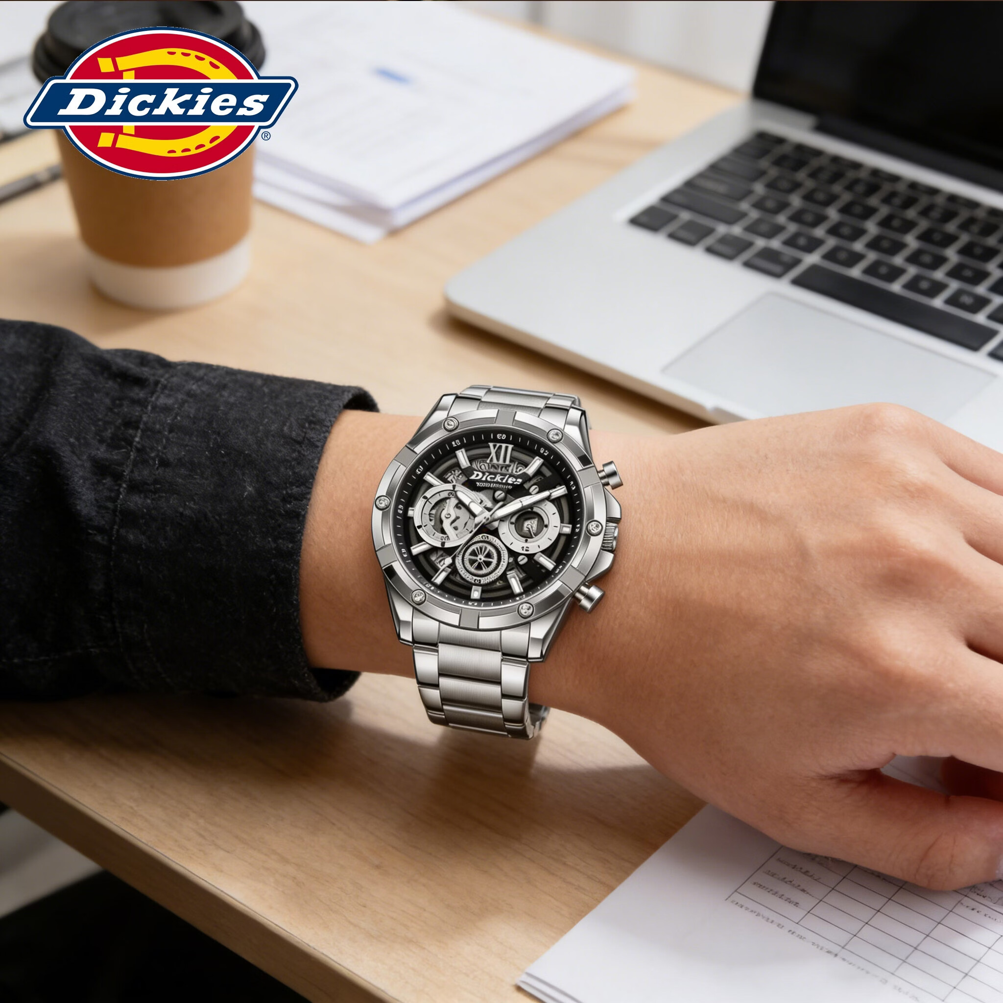 Dickies手表男士商务石英表学生三眼多功能高中时尚潮流男生机械风腕表 黑表盘