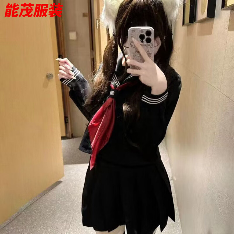 萱眸日系JK制服正统水手服基础款绀三本上衣新品萌妹中间服套装女 绀三本短/袖+裙子+红/领巾 S