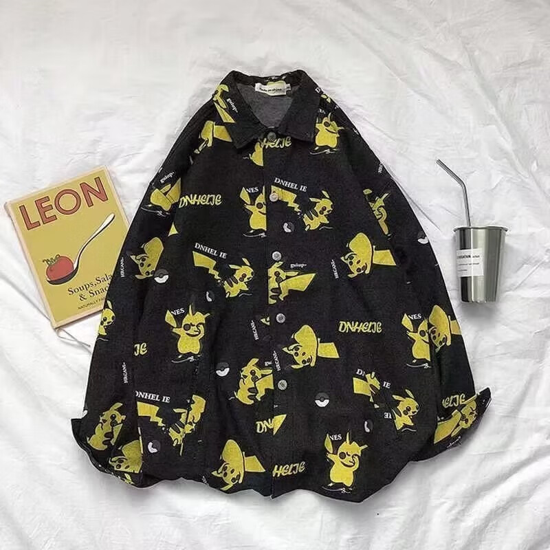 长袖衬衫男皮卡丘慵懒ins青春流行日系春秋季新款男气质