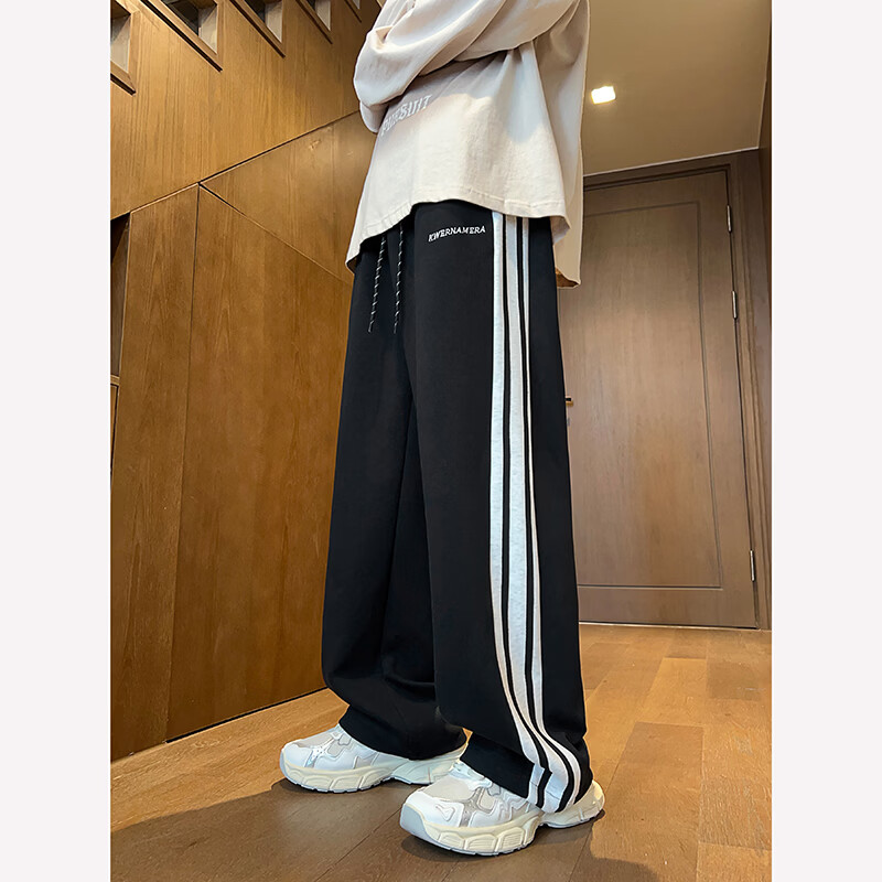 月伊纺春季新款宽松直筒休闲裤男士潮流百搭条纹卫裤青年织带拼接运动裤 花灰色 3XL