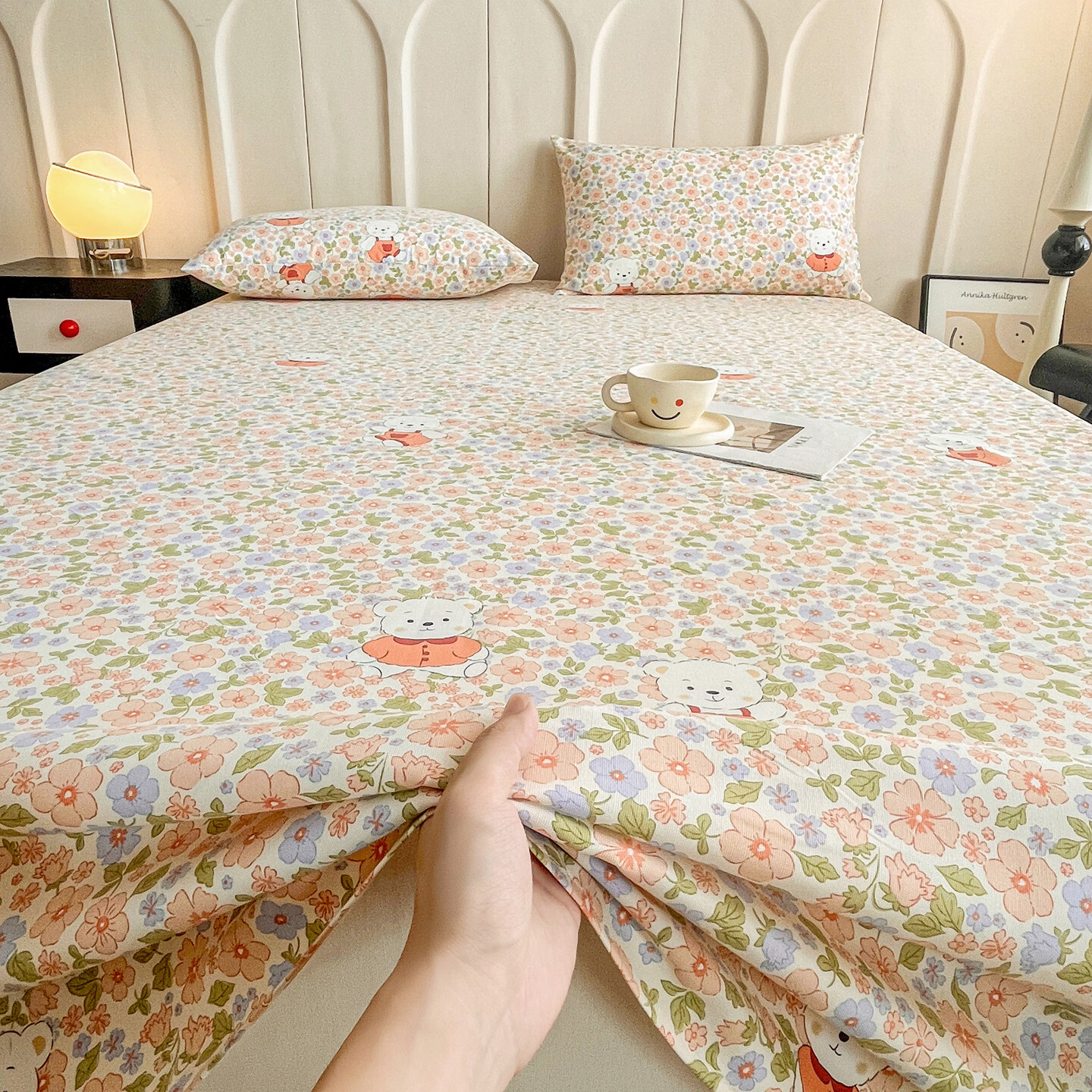 雅鹿加厚老粗布床单单件100原棉亚麻床罩学生宿舍被单三件套单人 花朵熊 200*230cm床单三件套