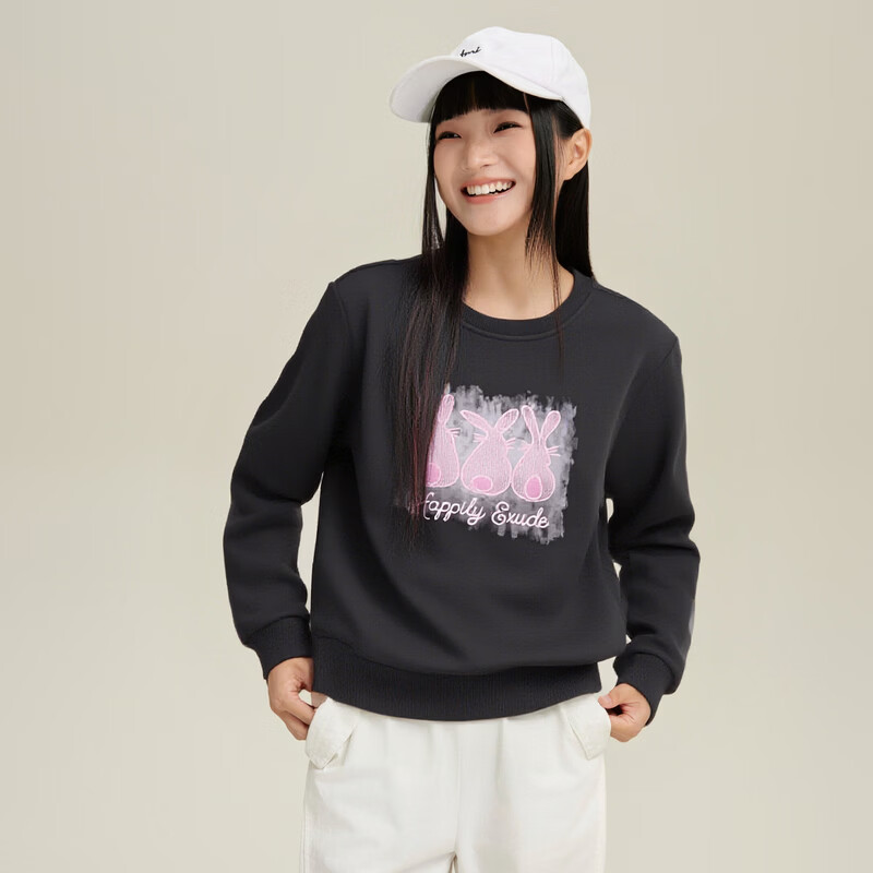 快鱼女士卫衣2026秋季新款时尚印花圆领百搭打底衫女长袖外穿女装上衣 深灰 2XL