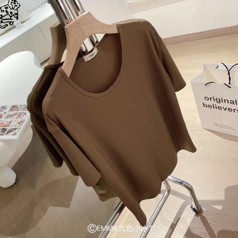 有只绵夏季新款小冰T恤宽松纯色上衣ins潮流圆领T恤短袖女生 咖色 均码 80-135斤