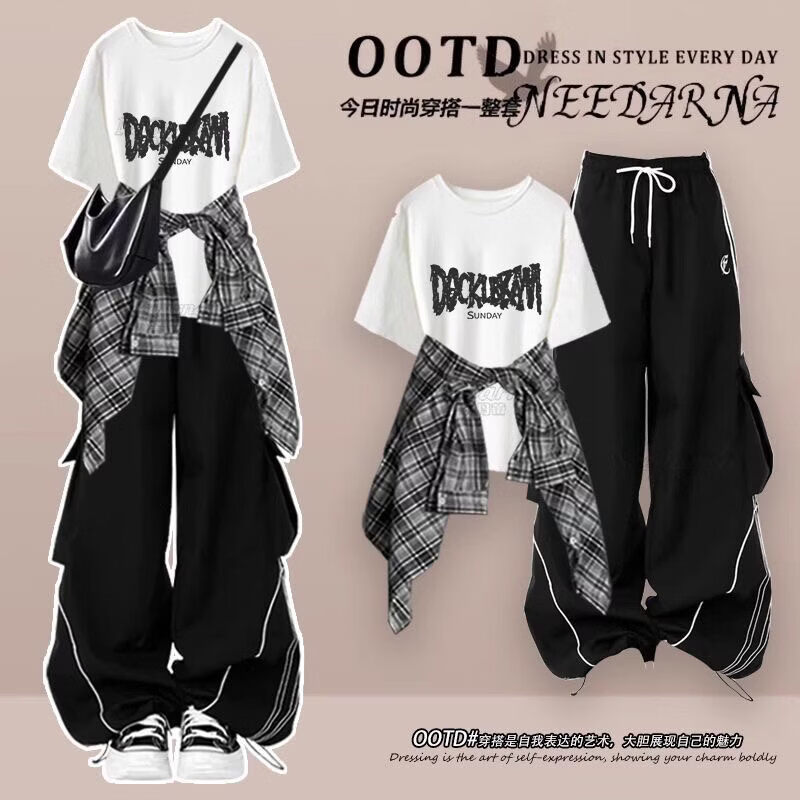 欧颖慕夏季女童套装初高中生12-15岁衣服女大童衬衫短袖工装裤三件套潮 【三件套】308白色上衣+黑衬衫+黑色工装裤 165 （L）码【建议105-120斤】