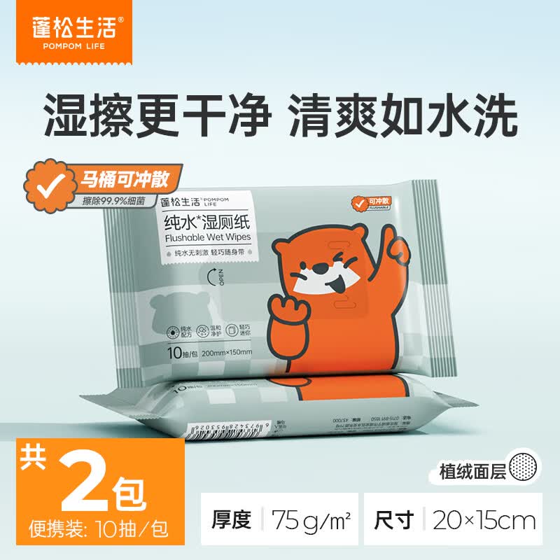 蓬松生活EDI纯水湿厕纸巾 私处湿巾 家用擦屁屁清洁可降解洁厕卫生湿手纸 【便携装】 10抽*2包