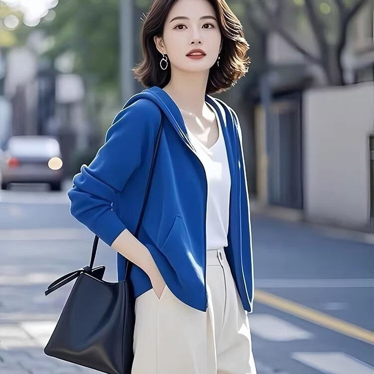 【轻奢定制】减龄连帽长袖短外套女春秋季新款高级感时尚洋气百搭 北卡蓝【高定版】 XL 【建议115-130斤】