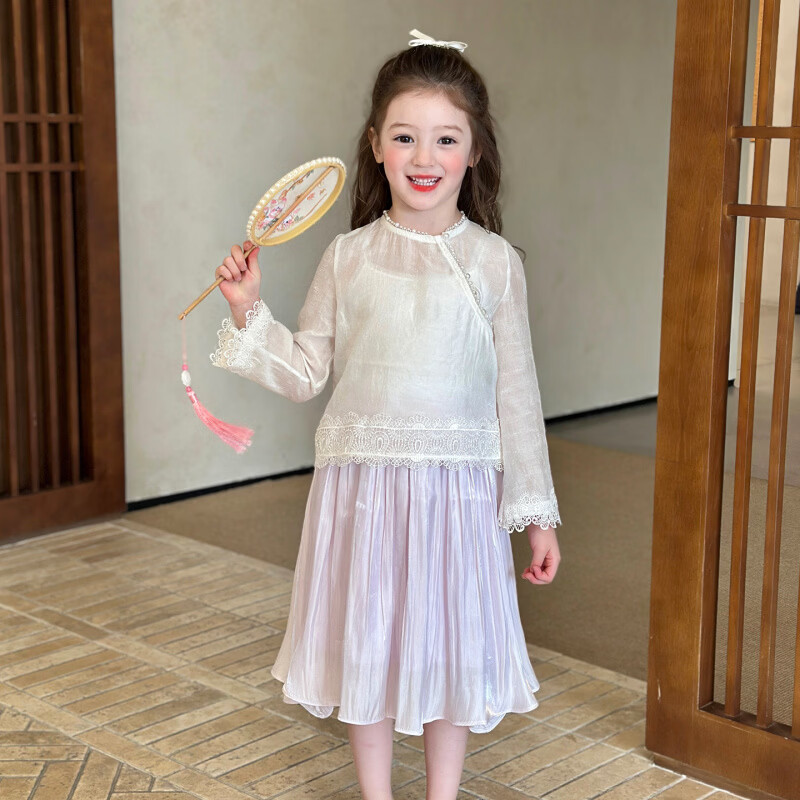 栀了成长记童装女童百搭新中式打底2026春季儿童新款简约花边上衣 上衣+内搭吊带 140 cm