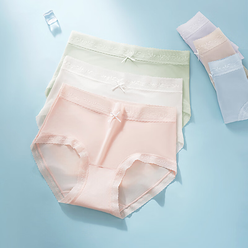 COFNI冰丝内裤女士高级轻奢夏季薄款透气抗菌裆无痕蕾丝花边少女三角裤 浅粉+浅绿+浅蓝+白色： 礼盒装* 4条 M (160) 80-100斤