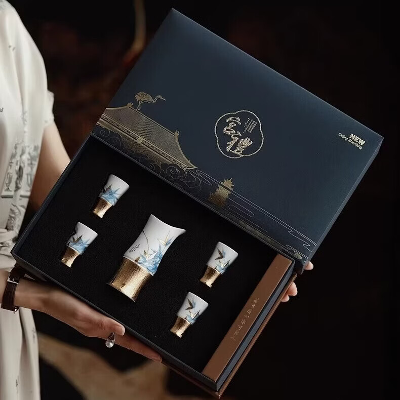 BOSSY国潮鎏金羊脂玉酒具套装白清酒杯高档送长辈领导寿宴乔迁新年礼物 素烧玉瓷丨（高风傲然）酒具套装【高档礼盒】