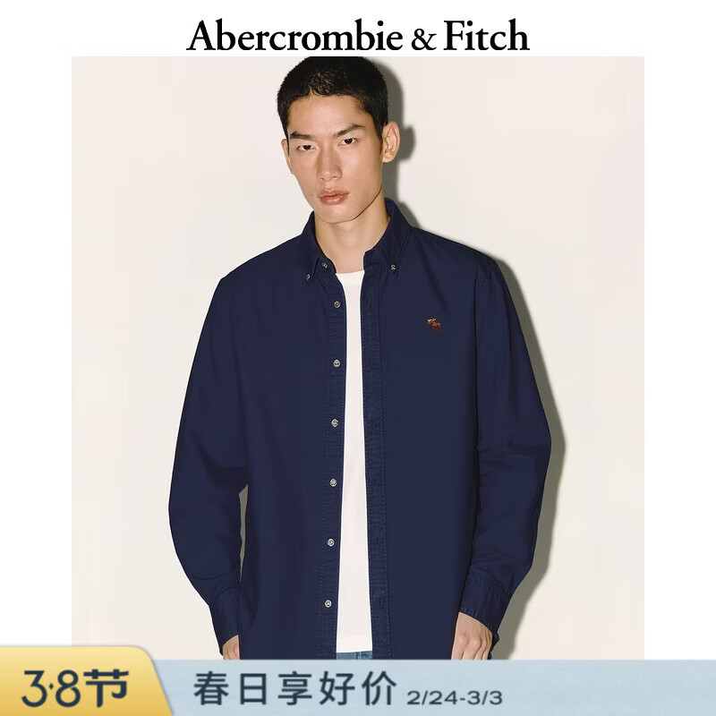 Abercrombie &amp; Fitch【李现同款】小麋鹿图案美式牛津长袖衬衫25秋冬男装125-5224 海军蓝 M (180/100A)