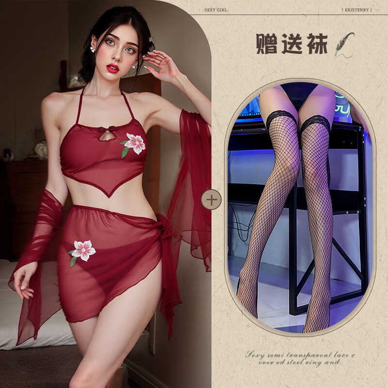 性感睡衣古风异域舞姬刺绣深V夫妻情趣激情战袍火辣视觉诱惑睡袍 红色 均码