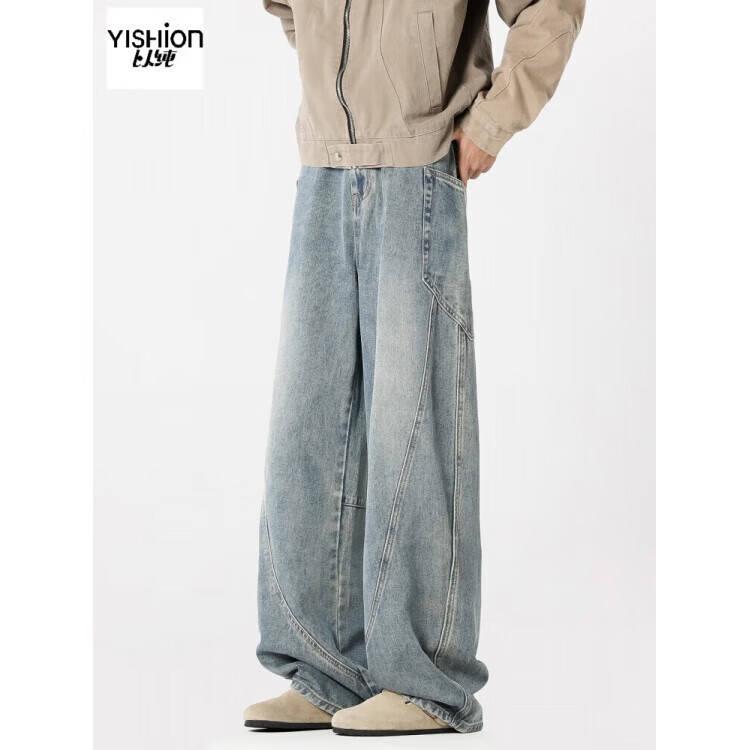 以纯（YISHion）（YIHion）美式水洗弯刀工装牛仔裤男秋季潮牌拼接宽松阔腿裤高街 旗舰官方旗舰官方NZ50黑色. 2XL