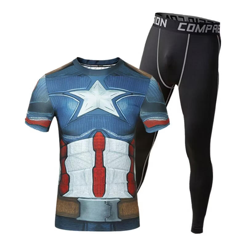 虎迹漫威美国队长紧身衣pro男锻炼健身服训练服速干跑步弹力 蓝红白（短袖） 2XL 建议185斤左右