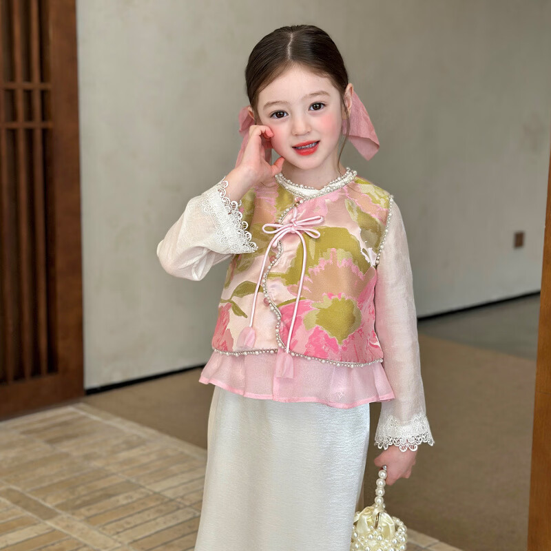 栀了成长记童装女童新中式国风马甲2026春季儿童网纱拼接无袖上衣 粉色 马甲 140 cm