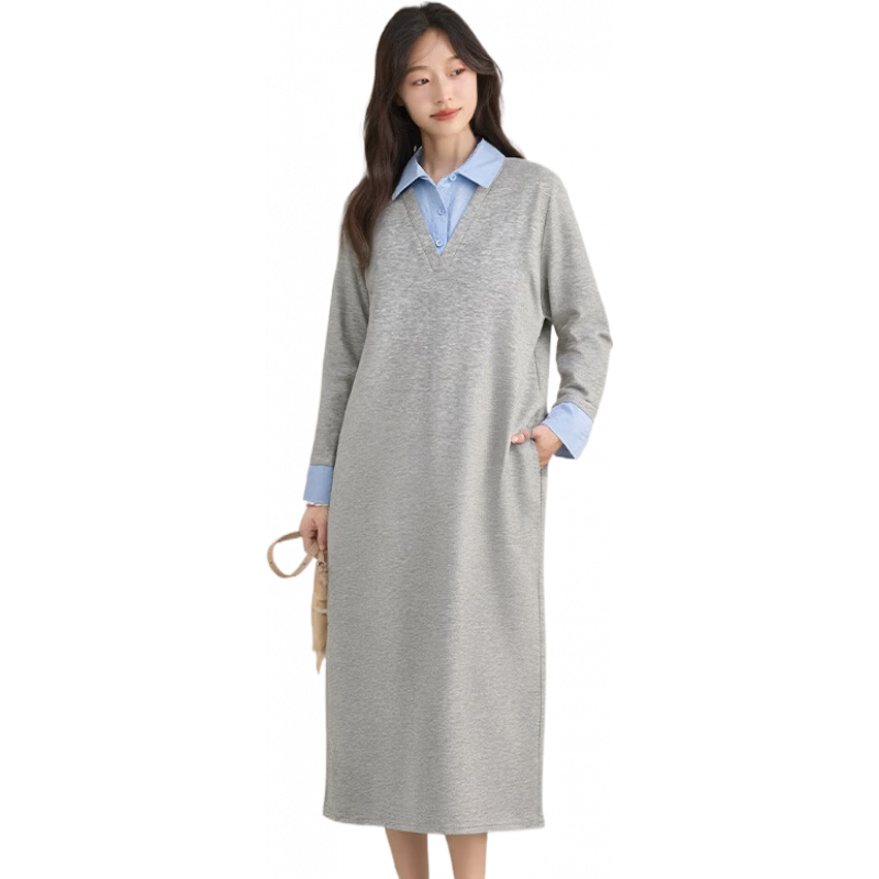 十月媽咪春季新款孕婦假兩件長款連衣裙潮媽拼接寬松時尚遮肚孕婦裙 灰色【襯衫領假兩件裙】 均碼（L建議150斤以下）