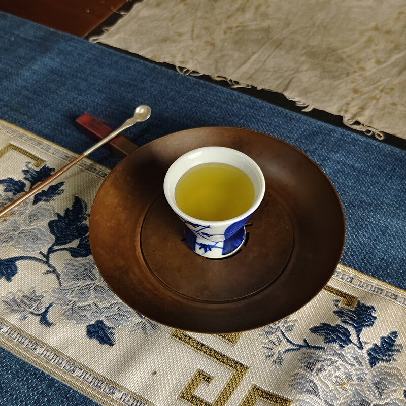 日式纯紫铜喜字双层小壶承干泡台茶垫锤纹做旧茶室防烫圆形杯垫 紫铜小寿字建水（咖色）