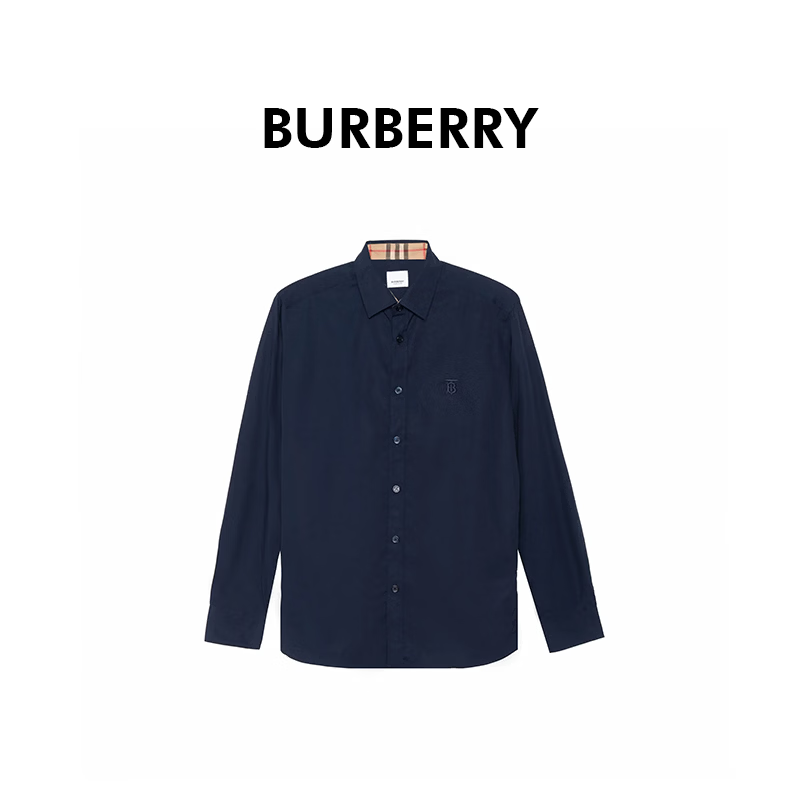 BURBERRY博柏利巴宝莉男士藏青色棉修身袖口经典格纹长袖衬衫80323061 XS