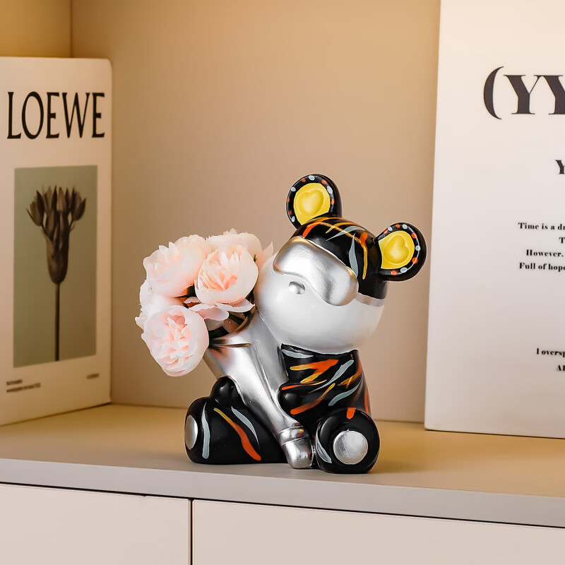 创意捧花暴力熊情绪摆件客厅玄关酒柜电视柜桌面家居装饰礼物 小熊花瓶(森绿色)送1束香槟1束粉色