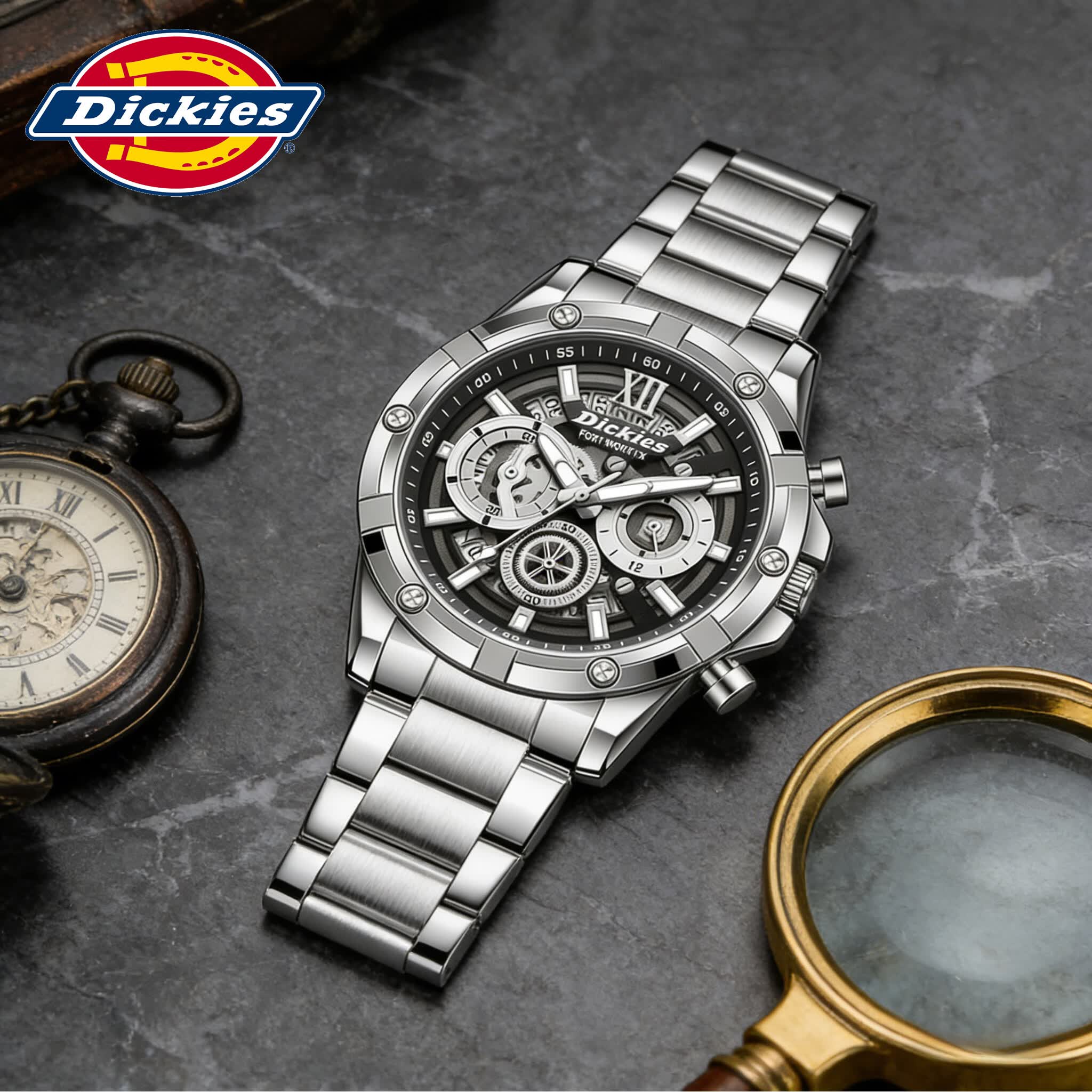 Dickies手表男士商务石英表学生三眼多功能高中时尚潮流男生机械风腕表 黑表盘