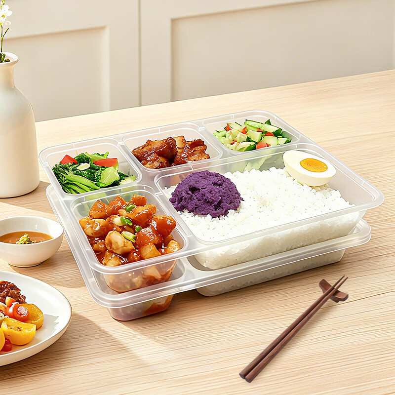 稷王谷1250ml商务大五格餐盒一次性饭盒透明外卖打包盒加厚带盖 【商务大五格】150套装