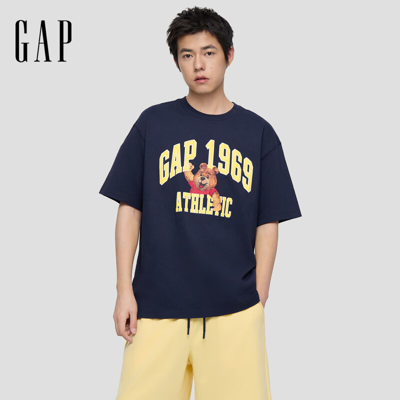 盖璞Gap男女装2026春季新款纯棉logo印花宽松圆领短袖T恤上衣854338 海军蓝 XL (180/100A) 亚洲尺码