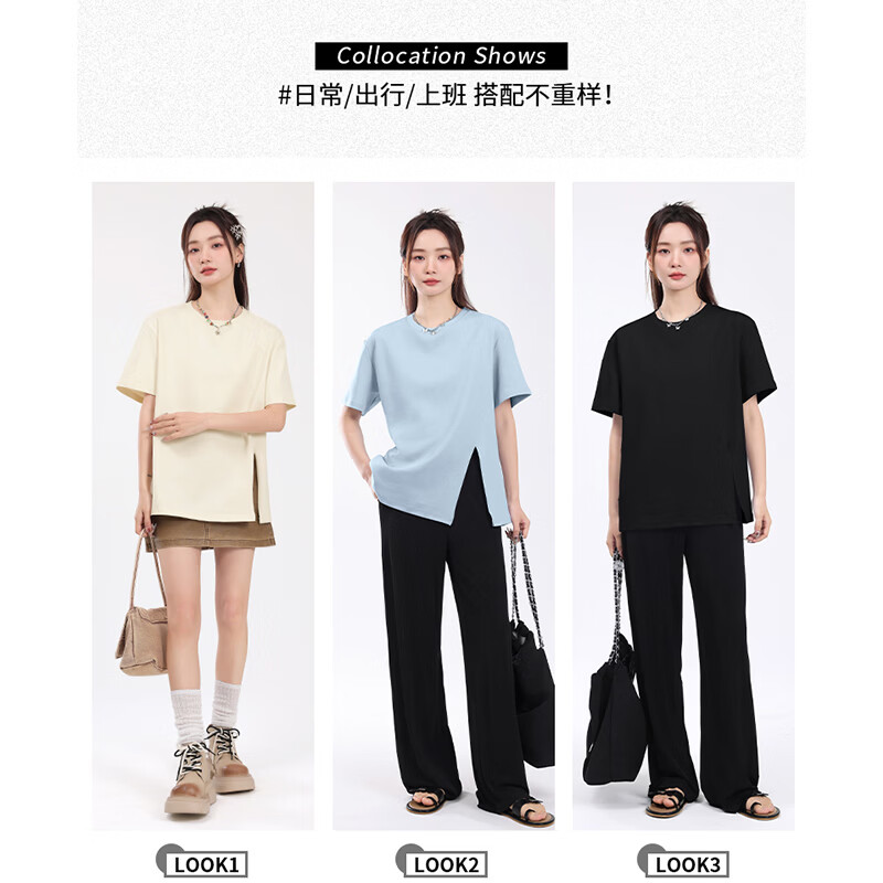 回力(Warrior)开叉宽松短袖T恤女2026年夏季女装新款潮流时尚慵懒随性休闲上衣 黑#回力白标K S