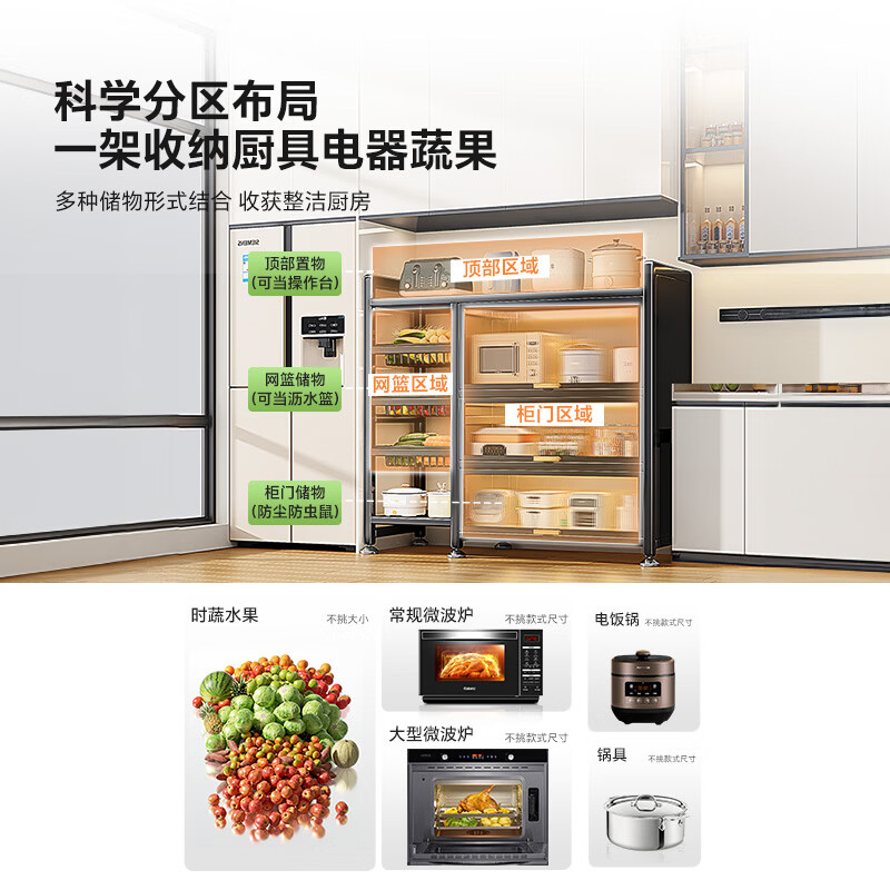 帅仕(shuaishi)厨房置物架多功能收纳落地一体靠墙餐边柜台面微波炉支架蔬菜篮子 【可卸网篮丨防尘柜门】灰3层116长