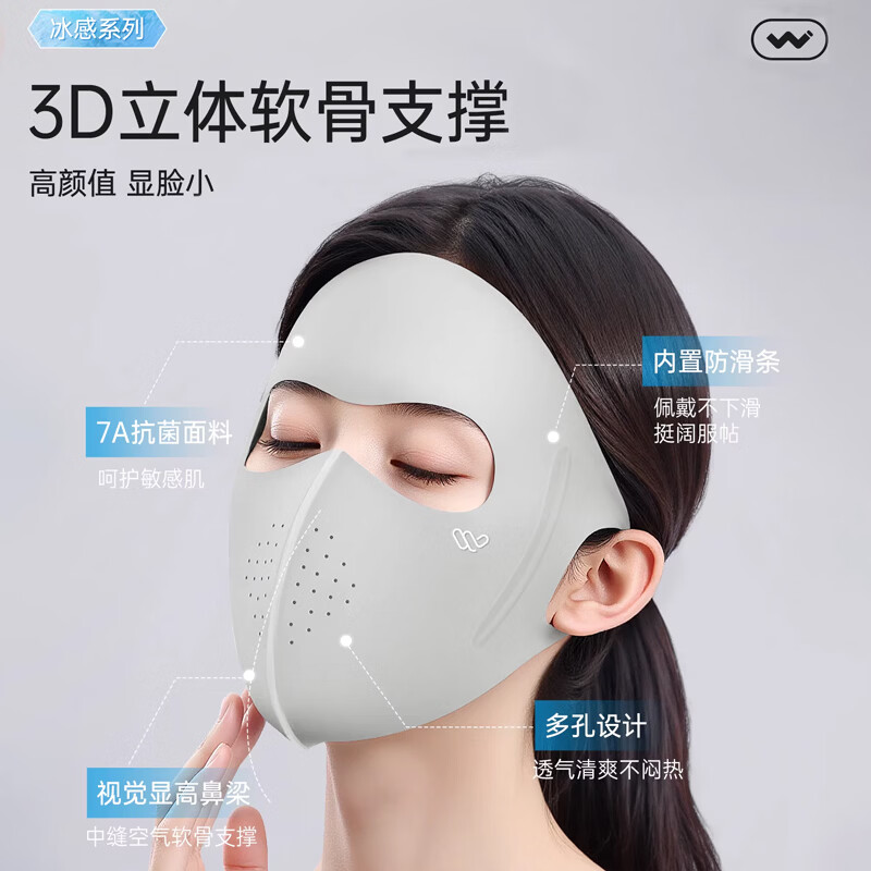 万宝绿防晒面罩全脸防紫外线冰丝医美术后脸罩2026新款脸基尼遮阳口罩女 专业级防晒UPF2000【冰川灰】单只装丨7A抑菌 【防紫外线】