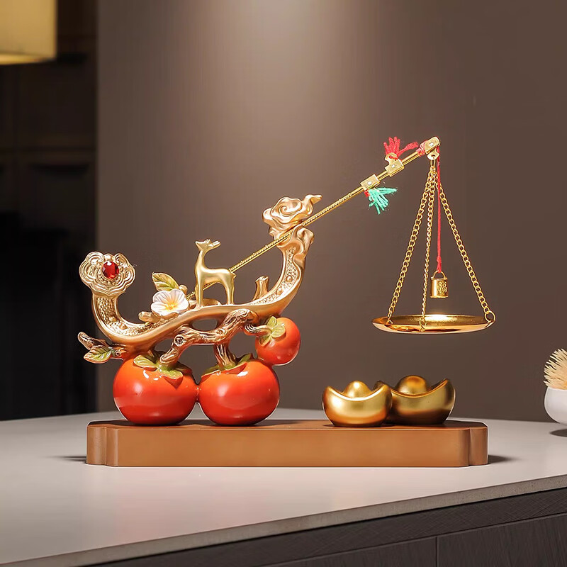 赟娅事事如意柿子桌面摆件入户玄关新中式家居陶瓷装饰品乔迁高档礼物 柿柿称心如意【底座+金鹿+躺赚猫】