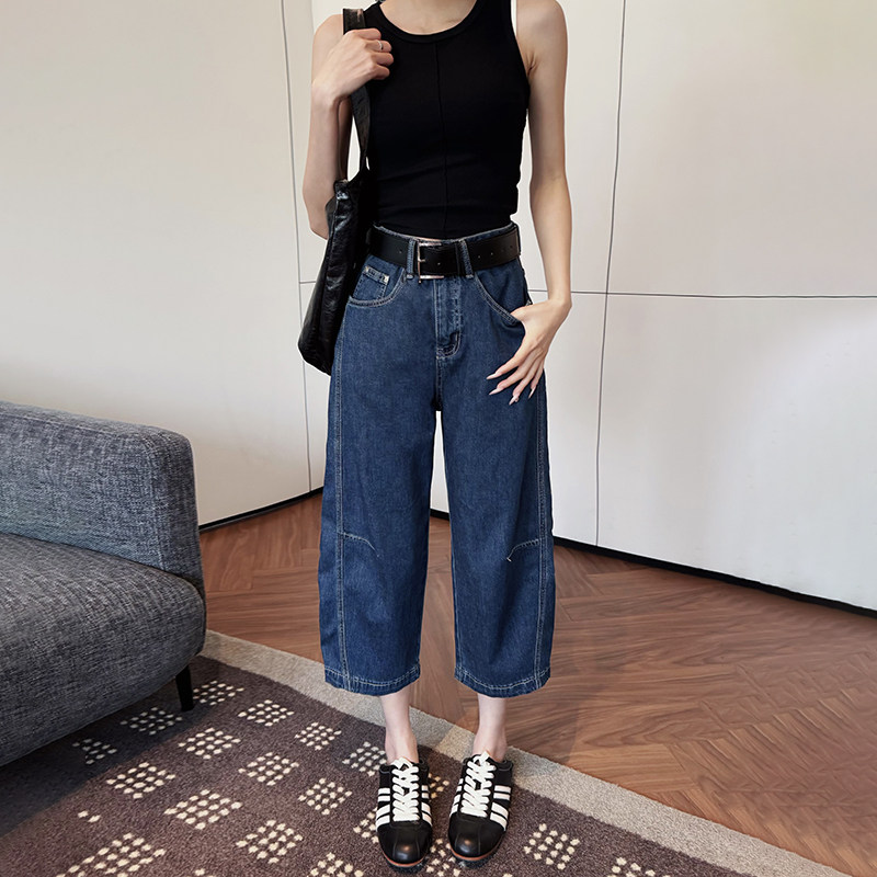 MODX2026欧货牛仔裤女老钱风小个子奶奶裤阔腿裤宽松休闲大码裤法棍裤 深蓝色 30 130-140斤