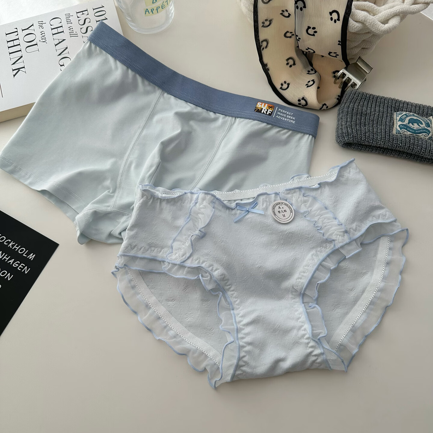 羅亨士情侣内裤纯棉一男一女生双人短裤性感蕾丝边可爱透气舒适平角内裤 刺绣花情侣款 2XL 男+女L码