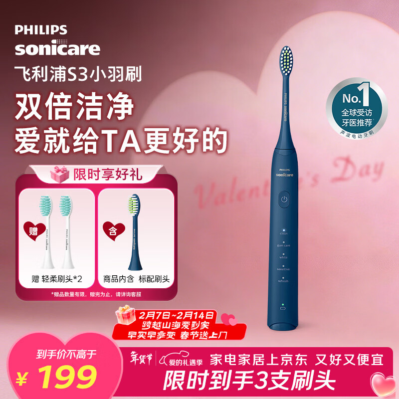 飞利浦（PHILIPS）电动牙刷S3 新年生日年货节情人节礼物送男生/女友 柔和亮白刷头小羽刷 5种模式 深藏蓝HX2471/01 