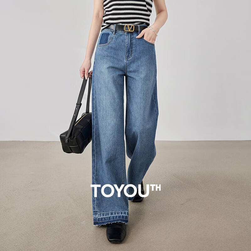 初语撞色个性宽松牛仔裤女2025夏季新款阔腿裤高腰时尚长裤 星空中蓝 M