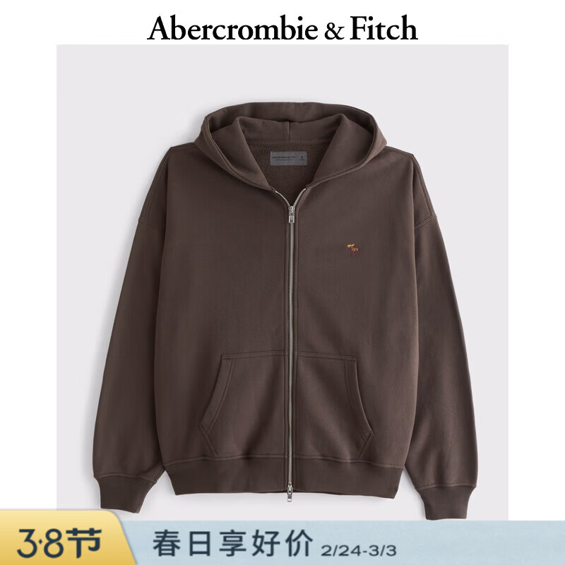 Abercrombie &amp; Fitch经典小麋鹿图案美式抓绒经典廓形卫衣外套25秋冬男装122-5540 深棕色 M (180/100A) 尺码偏大，建议小一码