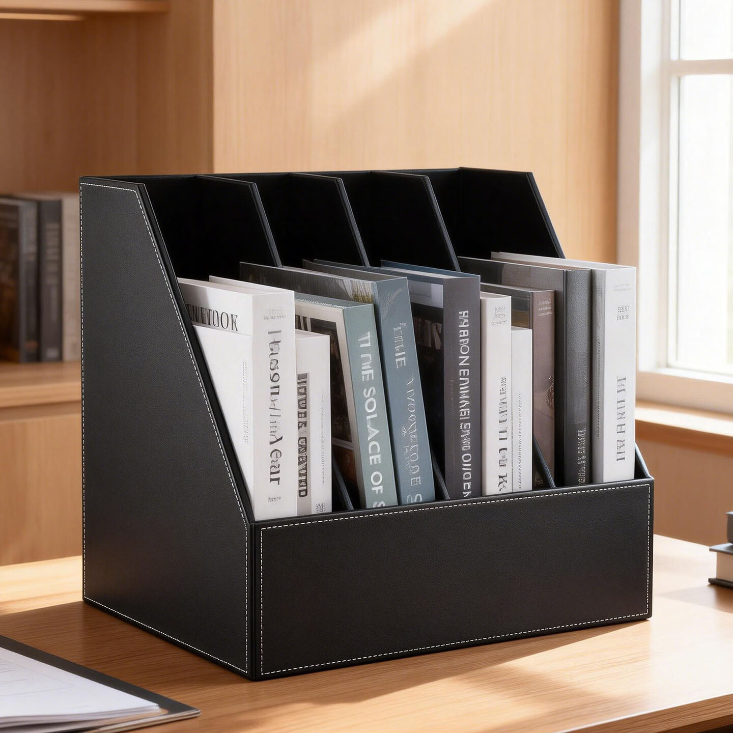 利蓝（LEADLAND）皮革文件架文件筐四联文件框资料夹架档案架立式文件置物架办公室书立办公用品 黑色1445