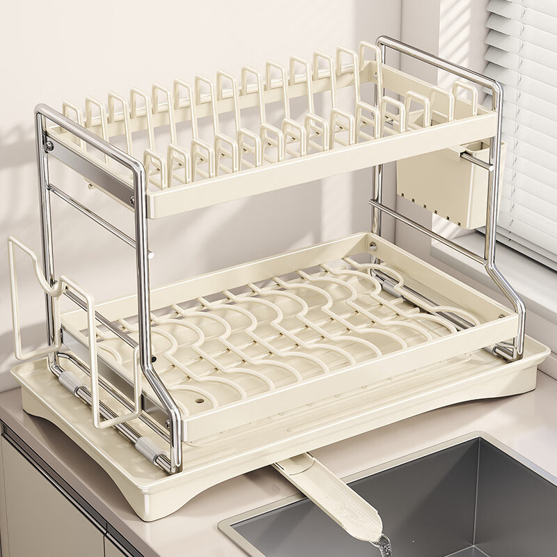 帥仕廚房置物架碗架瀝水架臺面碗筷收納盒柜不銹鋼碗盤筷子筒用具大全 【升級導(dǎo)水管】奶白全配2層