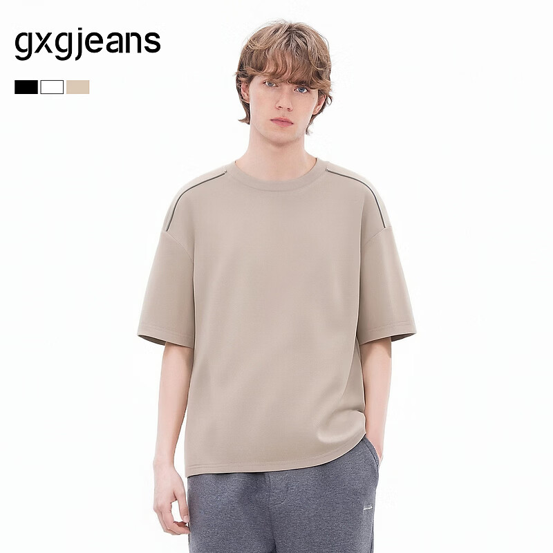 gxgjeans男装  多色肩部嵌条休闲宽松圆领短袖t恤男 26夏新品 浅卡其 2XL (185)