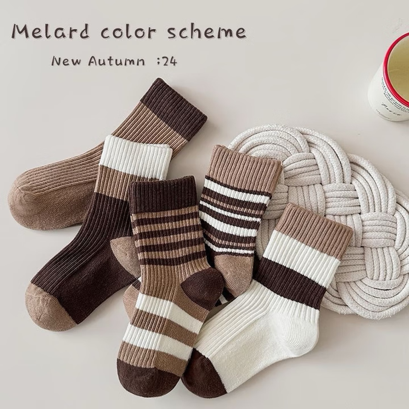袜子女中筒袜秋冬款日系复古条纹堆堆袜美拉德风长筒袜 5双