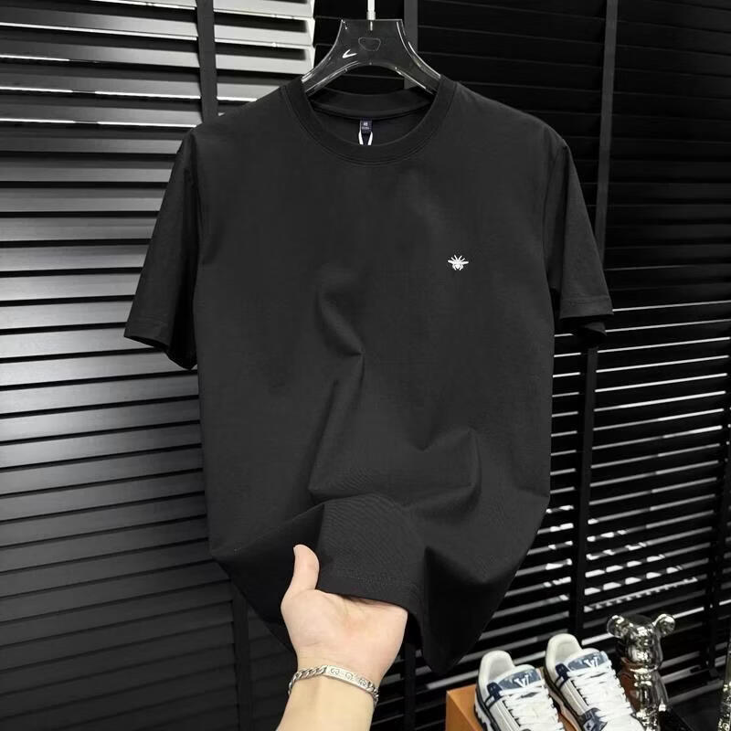 2026新款短袖小蜜蜂印花纯棉轻奢圆领T恤男女时尚休闲百搭夏季 黑色 3XL (推荐155-165斤)
