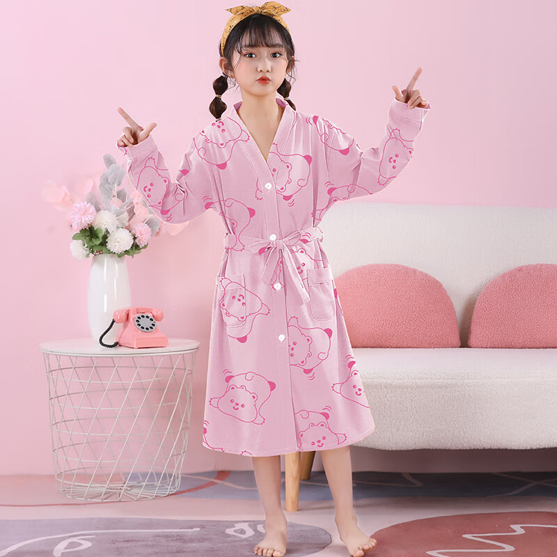 萧淑妃儿童纯棉浴袍睡衣女春秋季ins卡通库洛米青年大童女孩睡袍家居服 草莓熊 均码 大童18码 140-150CM/68-80斤