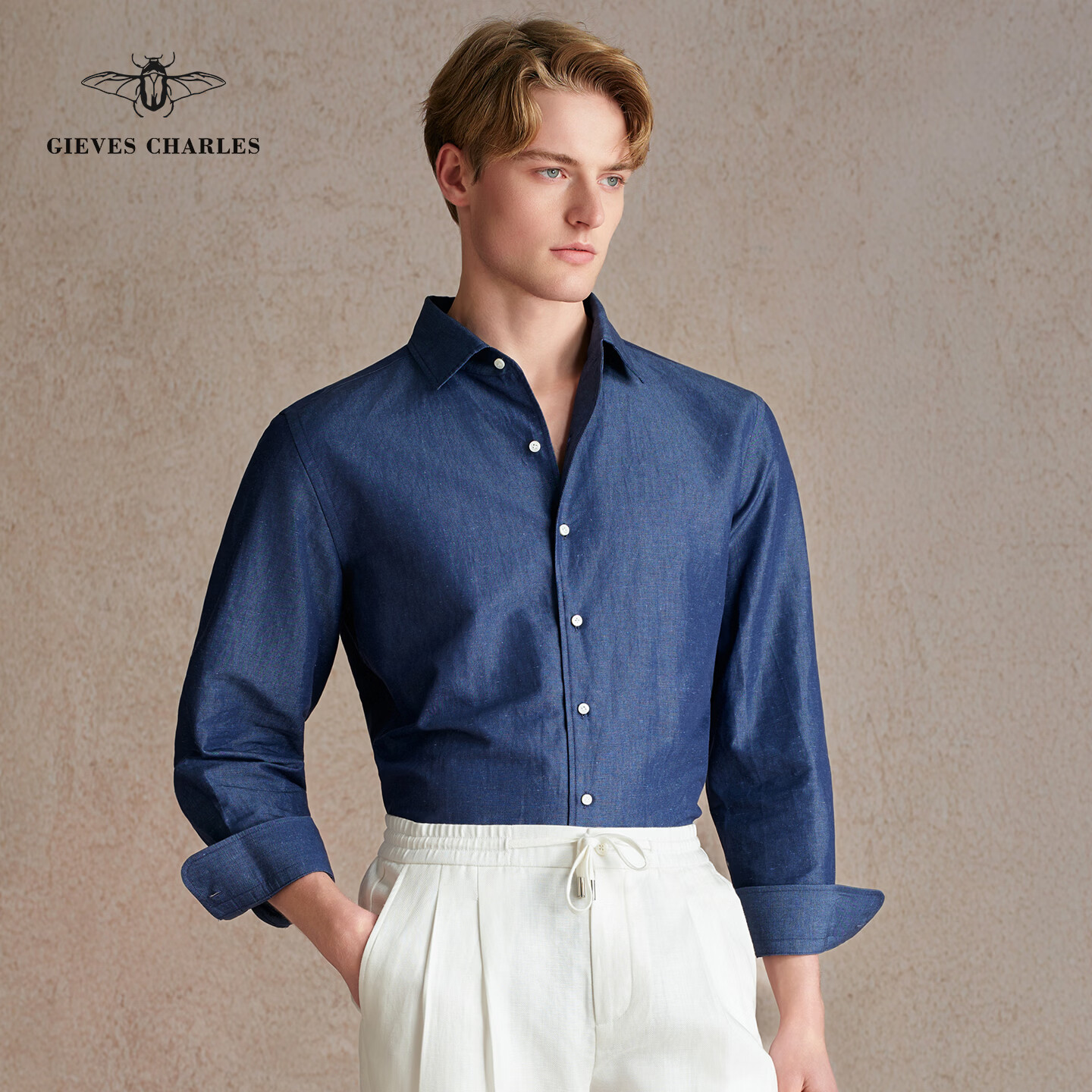 GIEVES CHARLES【26春新品】意式设计感纯棉牛仔衬衫高端商务一片领长袖休闲衬衫 午夜丹宁 42