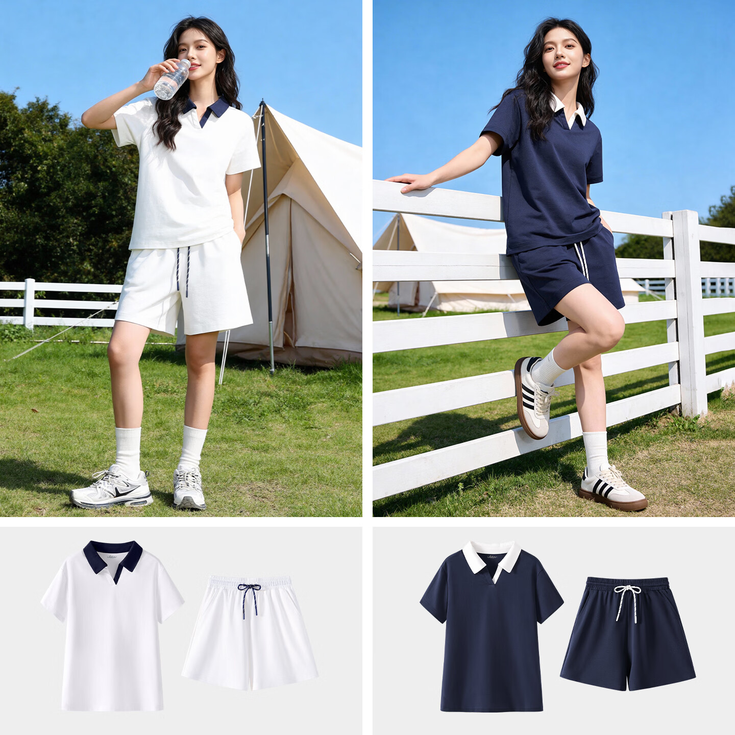 班尼路(Baleno)撞色POLO领套装女2026年夏季女装新款时尚休闲通勤户外两穿两件套 藏青#纯色 M