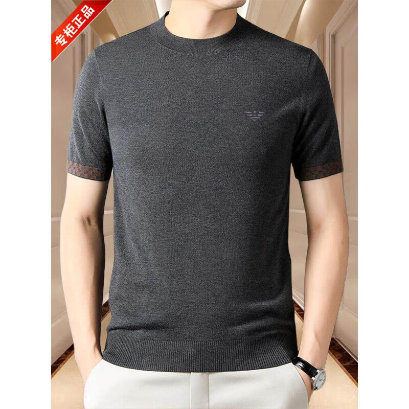 正品 羊毛短袖T恤男士半高领薄款针织衫半袖时尚休闲上衣潮 国际一线品牌灰色_ 薄款 XL 175_