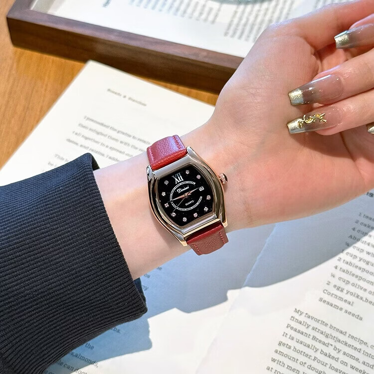 DIMINI新款酒桶型星空面CD扣轻奢经典时尚优雅女款防水机械风石英腕手表 星空绿面玫壳-绿皮(CD扣)