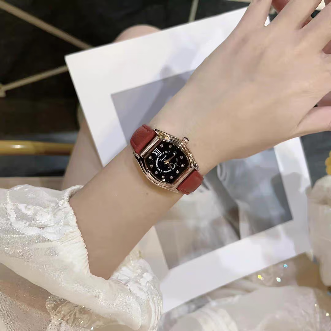 DIMINI新款酒桶型星空面CD扣轻奢经典时尚优雅女款防水机械风石英腕手表 星空绿面玫壳-绿皮(CD扣)