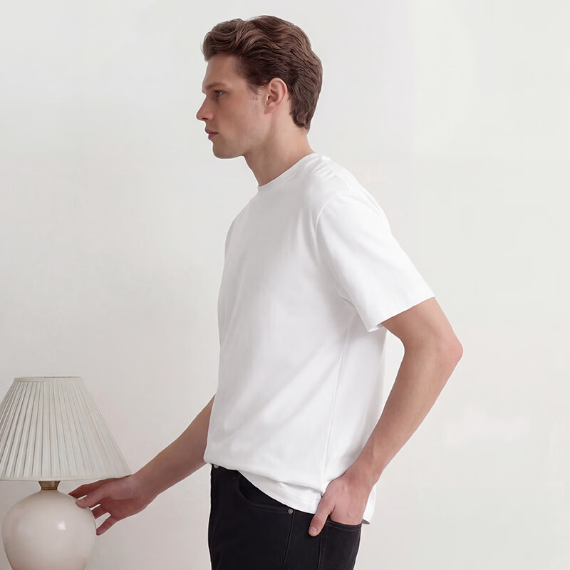 MARKLESS第6代液氨凉感丝光棉t恤男士抗皱全棉短袖休闲透气上衣T0635M3 云峰白 L
