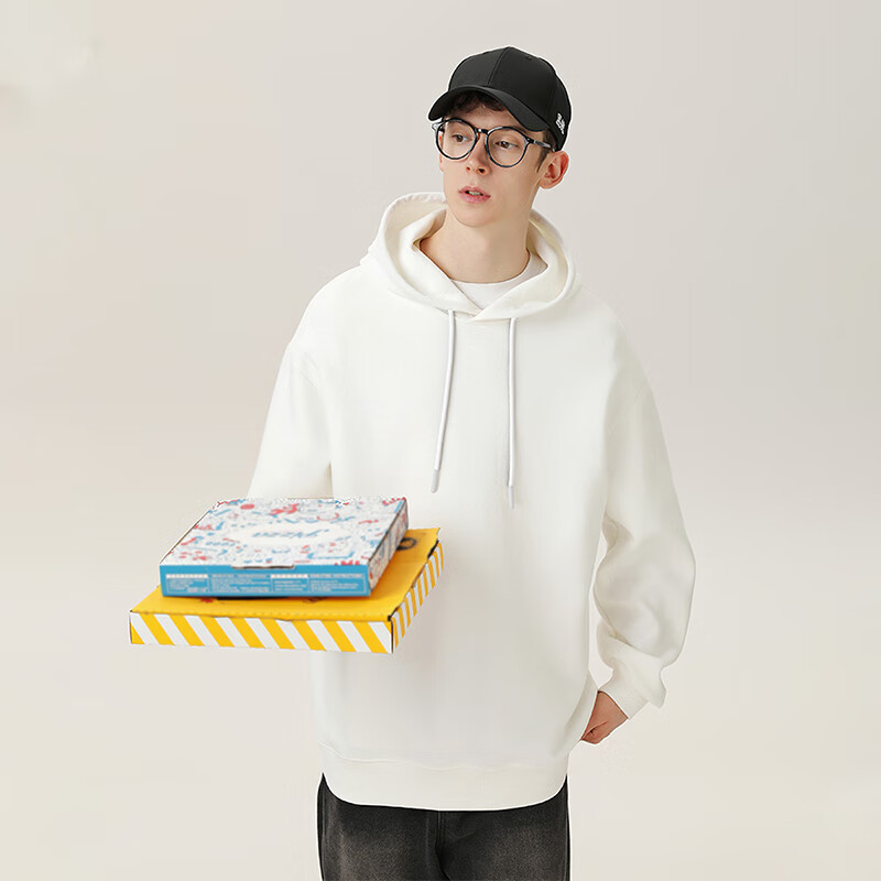 黑鲸海澜之家旗下潮牌纯卫衣男基础简约连帽外套春秋款帽衫 白 XL