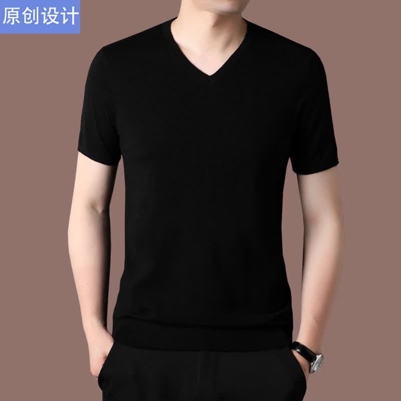 阿玛尼（ARMANI）正品品牌v领短袖t恤羊绒衫男薄款春秋中年半袖鸡心领羊毛针织衫 国际一线品牌深灰色 2XL 180__建议155斤到170斤穿