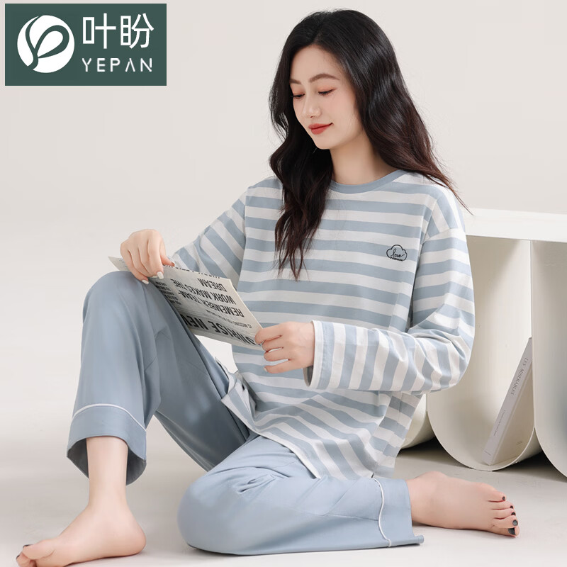 叶盼（yepan）睡衣女春秋季纯棉长袖套头薄款宽松大码休闲女款可外穿家居服套装 86018-蓝白 M (160) ：建议90-110斤穿着