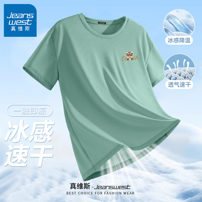真维斯（Jeanswest）短袖T恤男夏季冰丝款凉感透气青少年运动速干衣休闲大码体恤衫GW 水绿#ZS金狮子 5XL